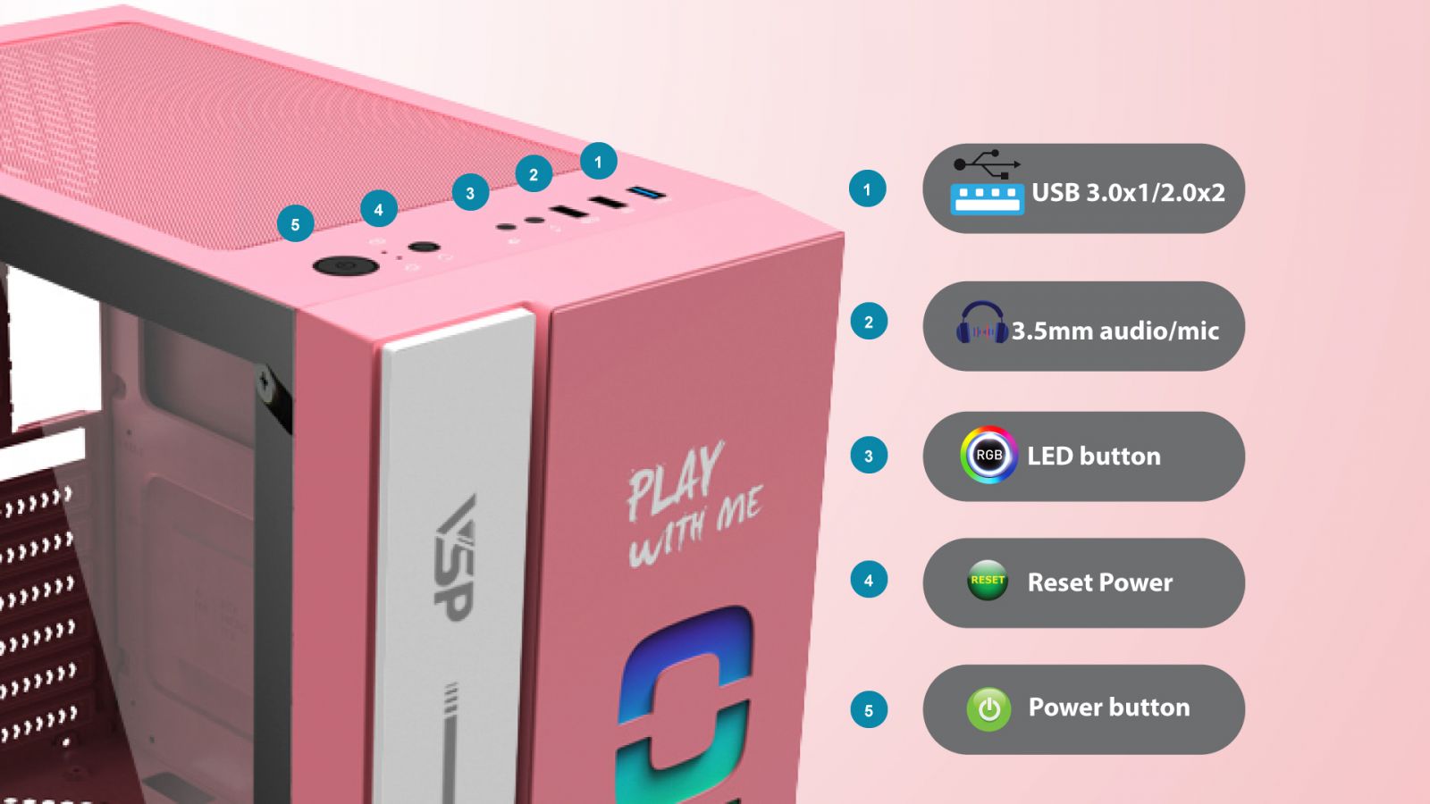 Case VSP LED Gaming OMG-II ATX - Pink